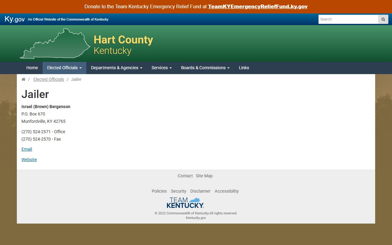 Official Hart County Kentucky.gov jailer contact page for Hart County Jail