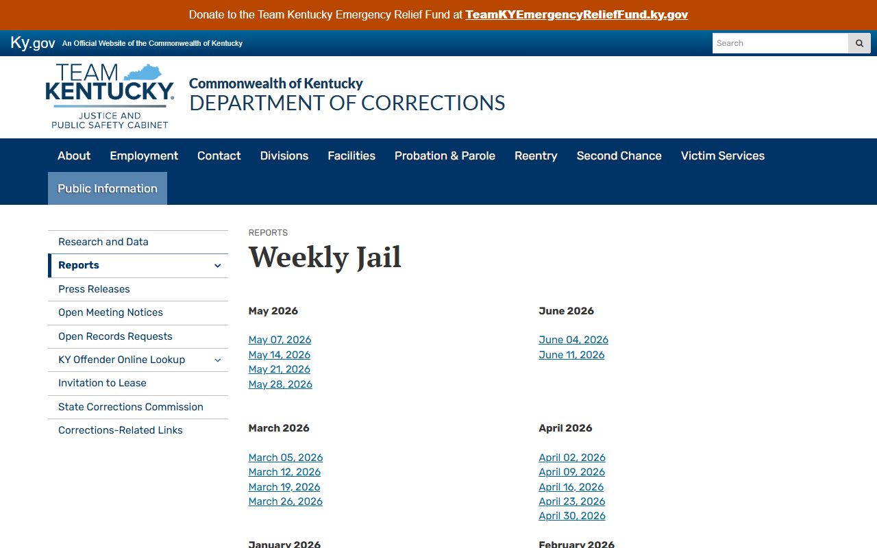 Kentucky DOC weekly jail report archive for Edmonson County inmate population research